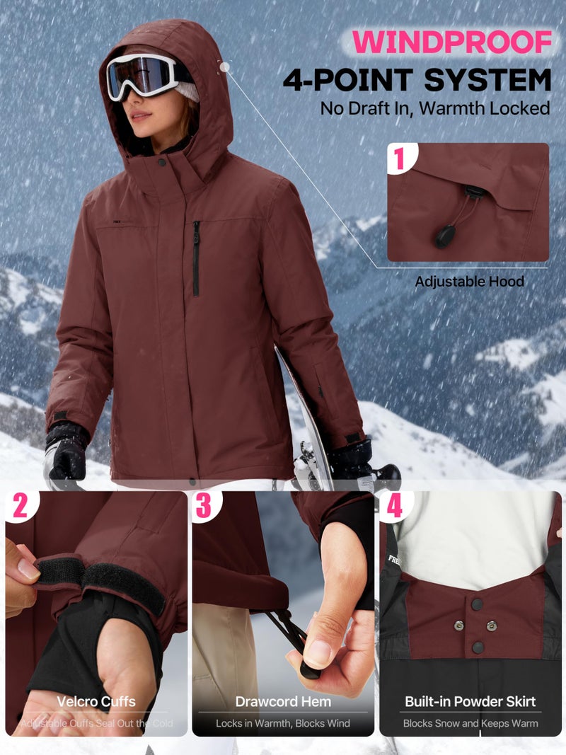 FREE SOLDIER Women's Waterproof Ski Snow Jacket Fleece Lined Warm Winter Rain Jacket with Hood Fully Taped Seams(Wine Red,L) - Image 5